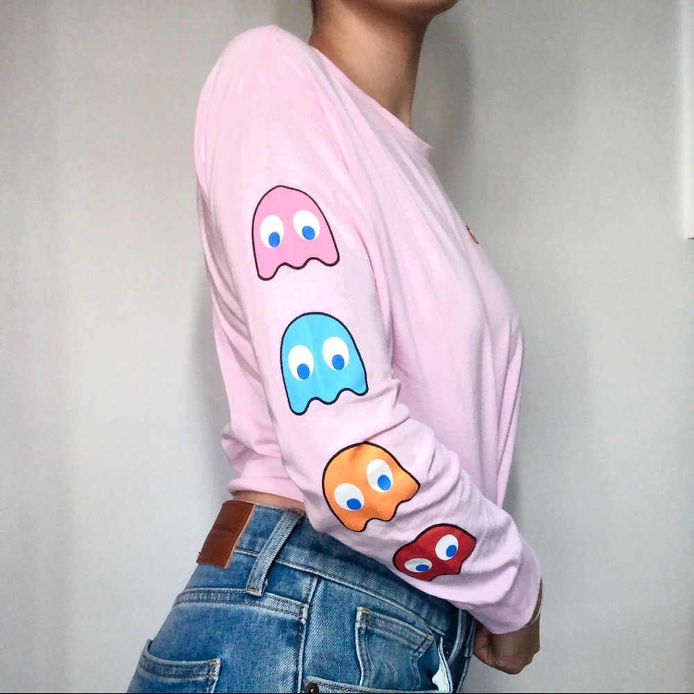 Pastel Pink Pac-Man Raw Hem Cropped Long Sleeve